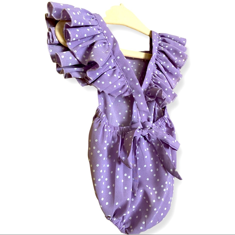 Purple Polkadot Ruffle Tie Back Bubble Romper NEVER WORN